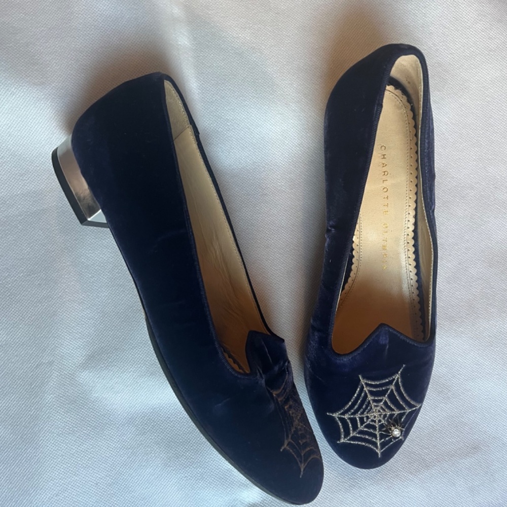 Charlotte Olympia Navy Velvet Spider Web Embroidered Flats - Picture 2 of 9